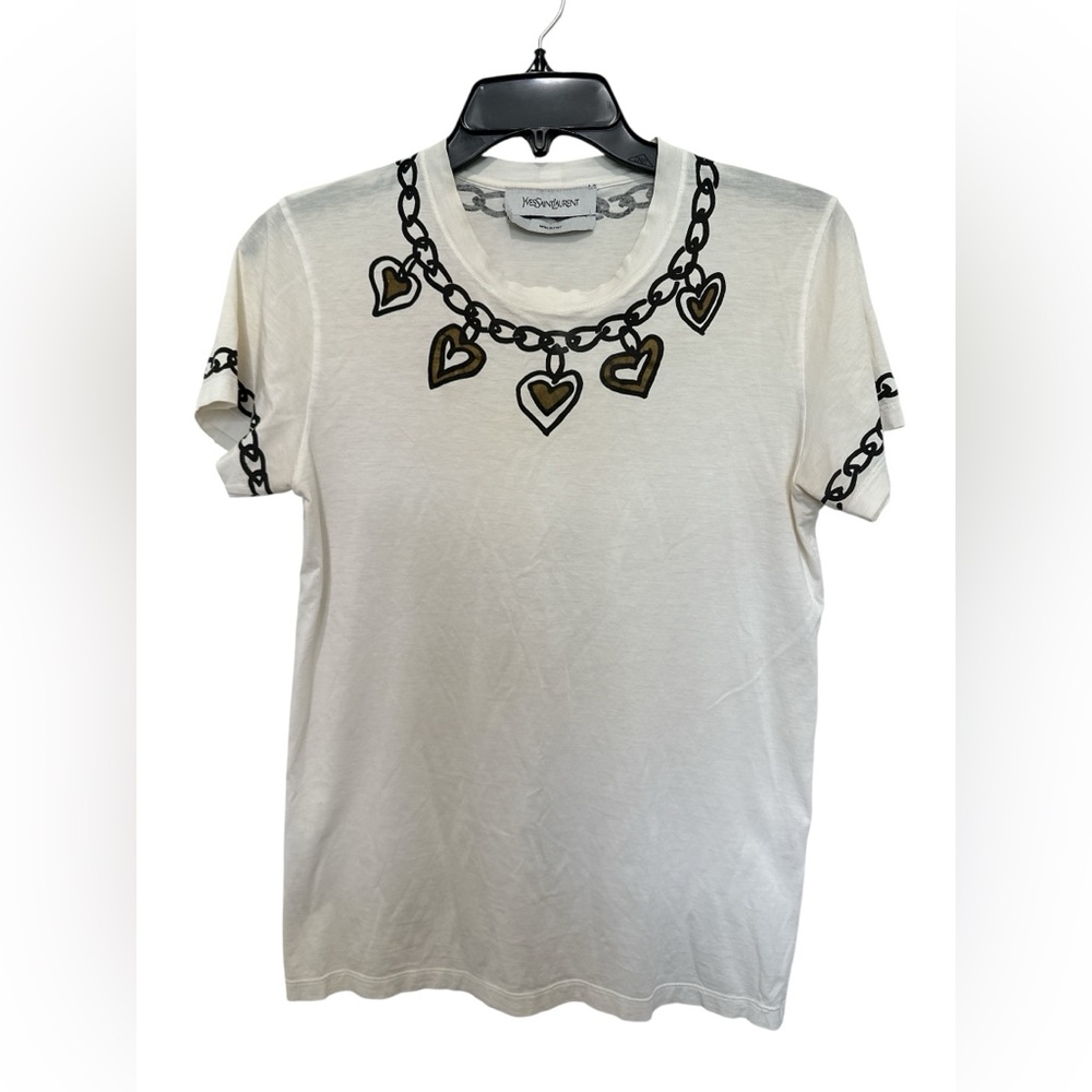 Yves Saint Laurent white cotton t-shirt heart charm graphic vintage Size S - Picture 2 of 11